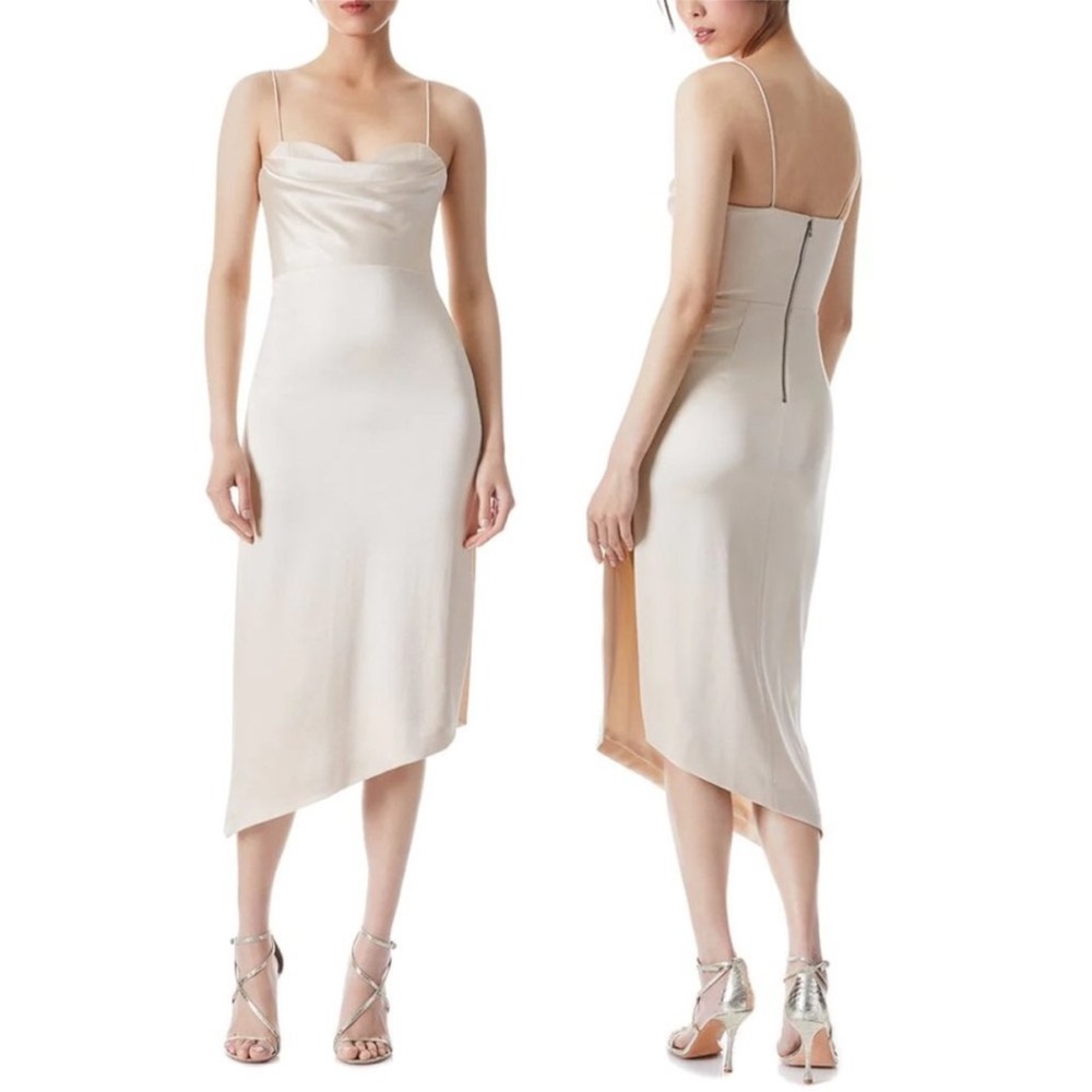 NWT Alice + Olivia Kiyoko Satin Asymmetrical Midi Dress in Champagne Size 6